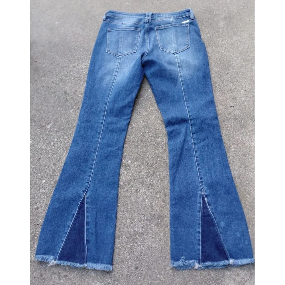 KanCan Bell Bottom Jeans Womens 30 Blue Denim Back Seam Split Hem Frayed